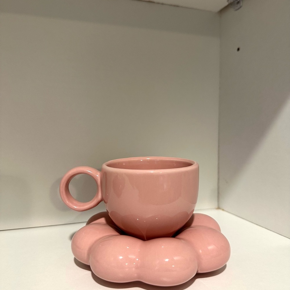 Pink Ceramic Cup with Cloud Saucer